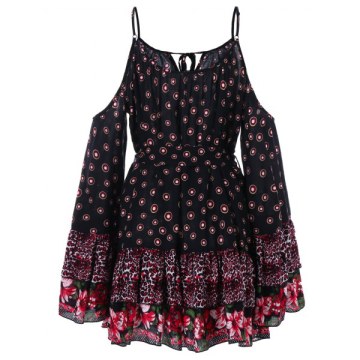 Full Sleeve Shoulder Cut Printed Dress - Black