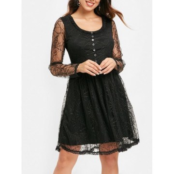 Full Sleeve Spider Web Lace Flare Dress - Black