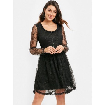 Full Sleeve Spider Web Lace Flare Dress - Black