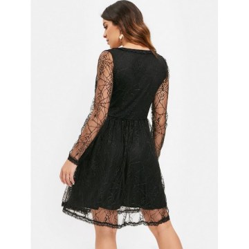 Full Sleeve Spider Web Lace Flare Dress - Black