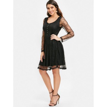 Full Sleeve Spider Web Lace Flare Dress - Black