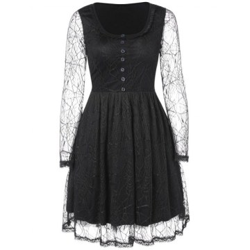 Full Sleeve Spider Web Lace Flare Dress - Black