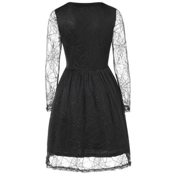 Full Sleeve Spider Web Lace Flare Dress - Black