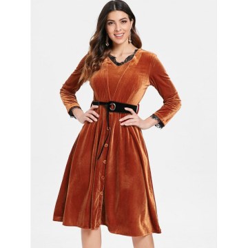 Full Sleeve Velvet Fit and Flare Dress - Brown