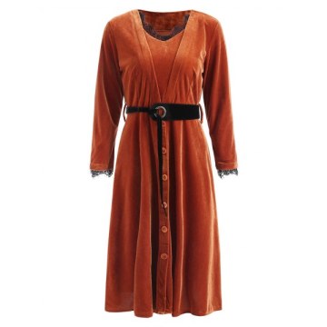 Full Sleeve Velvet Fit and Flare Dress - Brown