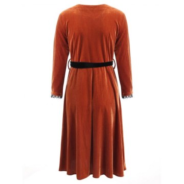 Full Sleeve Velvet Fit and Flare Dress - Brown