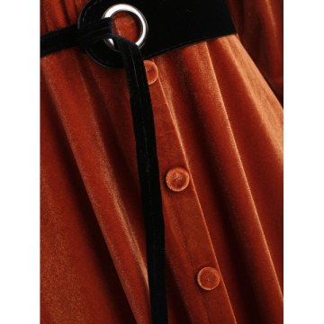 Full Sleeve Velvet Fit and Flare Dress - Brown