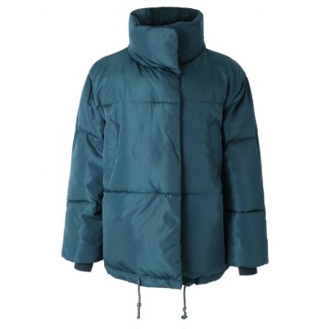 Funnel Collar Drawstring Waist Puffer Coat - Peacock Blue