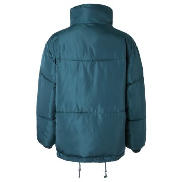Funnel Collar Drawstring Waist Puffer Coat - Peacock Blue