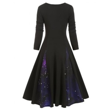 Galaxy Print Bowknot Buttoned Long leeve Dress - Black