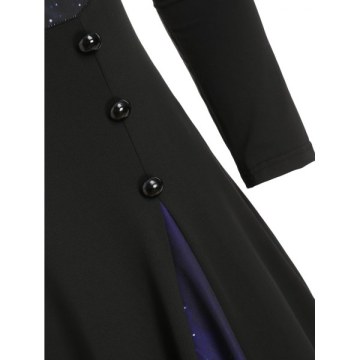 Galaxy Print Bowknot Buttoned Long leeve Dress - Black
