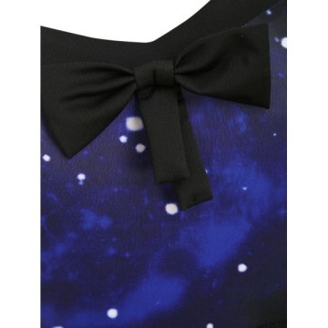 Galaxy Print Bowknot Buttoned Long leeve Dress - Black