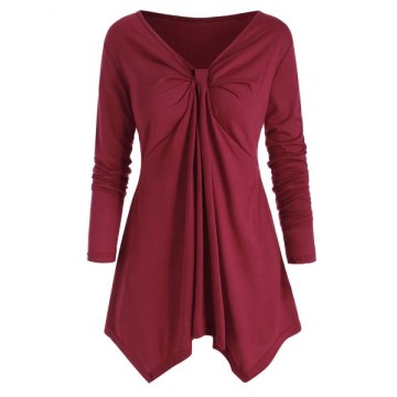 Gathered Asymmetric olid Longline Tee - Red Wine