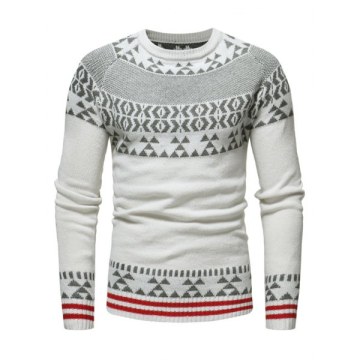 Geometric Stripe Pattern Knit Pullover Sweater - White