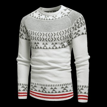 Geometric Stripe Pattern Knit Pullover Sweater - White