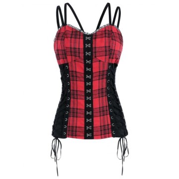 Gothic Plaid Spaghetti Strap Corset Tank Top - Red Wine