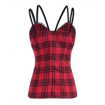 Gothic Plaid Spaghetti Strap Corset Tank Top - Red Wine