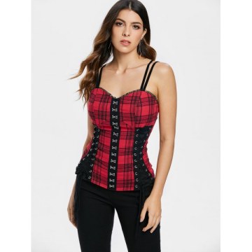Gothic Plaid Spaghetti Strap Corset Tank Top - Red Wine