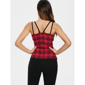 Gothic Plaid Spaghetti Strap Corset Tank Top - Red Wine