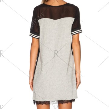 Grey Short Sleeve Contrast Sheer Dress - Black And Grey