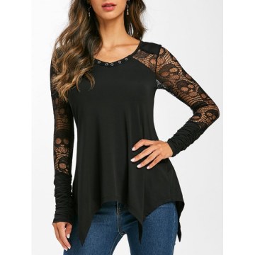 Grommet Lace Panel Sheer Ruched Long Sleeve Tee - Black