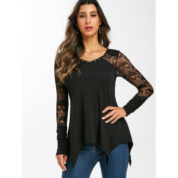 Grommet Lace Panel Sheer Ruched Long Sleeve Tee - Black