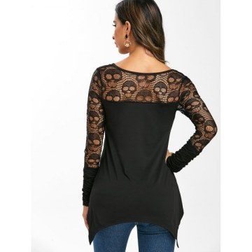 Grommet Lace Panel Sheer Ruched Long Sleeve Tee - Black