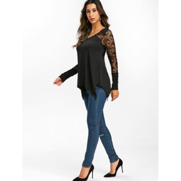 Grommet Lace Panel Sheer Ruched Long Sleeve Tee - Black