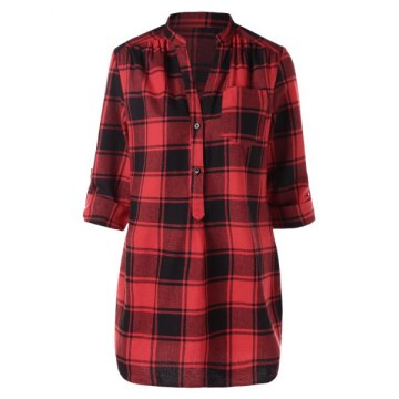 Half Button Front Pocket Tartan Blouse -