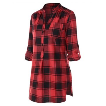Half Button Front Pocket Tartan Blouse -