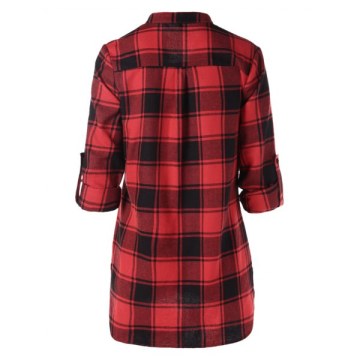 Half Button Front Pocket Tartan Blouse -