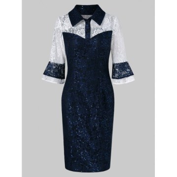 Half-button Sequined Lace Bodycon Dress - Lapis Blue
