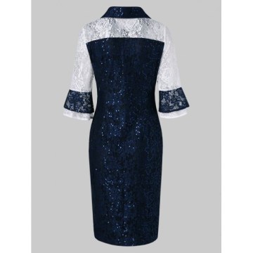 Half-button Sequined Lace Bodycon Dress - Lapis Blue