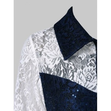 Half-button Sequined Lace Bodycon Dress - Lapis Blue