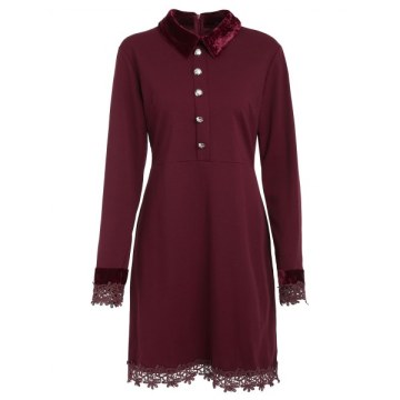 Half Button Straight Dress - Red Wine