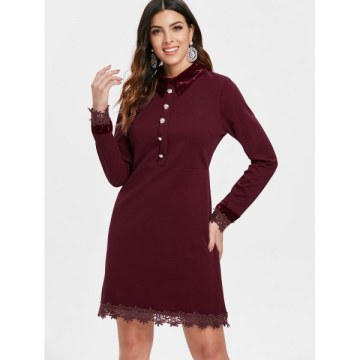 Half Button Straight Dress - Red Wine