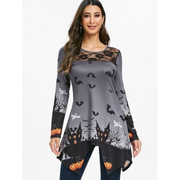 Halloween Lace Panel Pumpkin Print Longline T-shirt - Gray