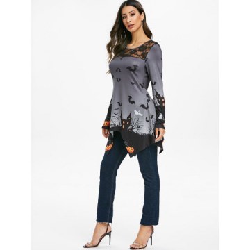 Halloween Lace Panel Pumpkin Print Longline T-shirt - Gray