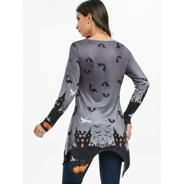 Halloween Lace Panel Pumpkin Print Longline T-shirt - Gray