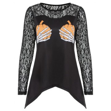 Halloween Pumpkin Boobs Lace Insert T-shirt - Black