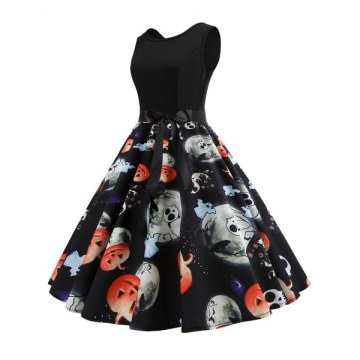 Halloween Pumpkin Ghost Print leeveless Party Dress - Black