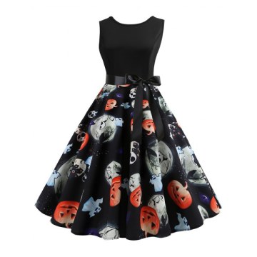 Halloween Pumpkin Ghost Print leeveless Party Dress - Black