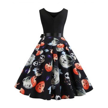 Halloween Pumpkin Ghost Print leeveless Party Dress - Black