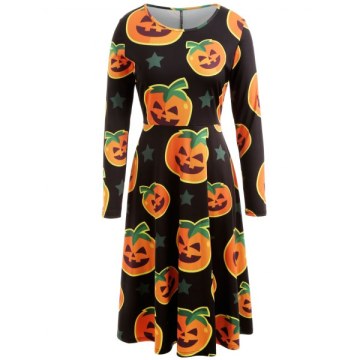 Halloween Pumpkin Print Midi wing Dress - Black