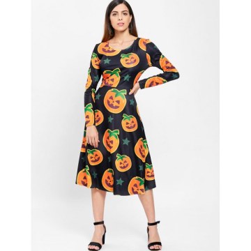 Halloween Pumpkin Print Midi wing Dress - Black