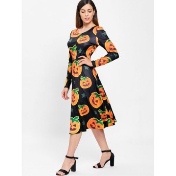 Halloween Pumpkin Print Midi wing Dress - Black