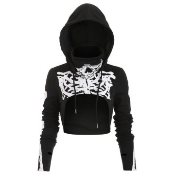 Halloween Skeleton Print Drawstring High Low Cropped Hoodie - Black