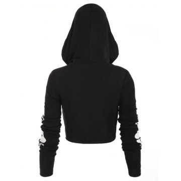 Halloween Skeleton Print Drawstring High Low Cropped Hoodie - Black