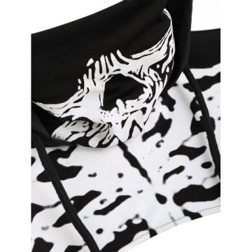 Halloween Skeleton Print Drawstring High Low Cropped Hoodie - Black