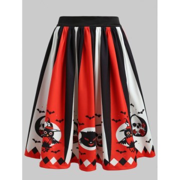 Halloween Skull Owl Print Pleated Skirt -